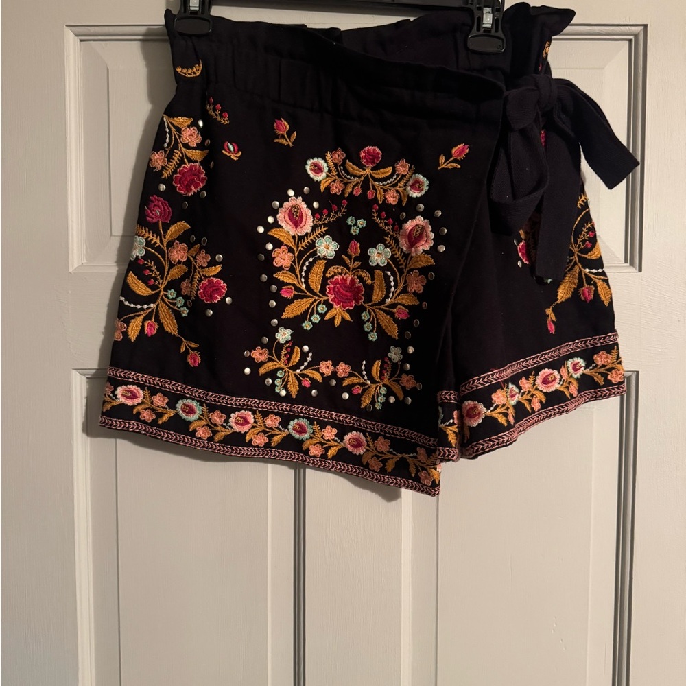 Zara Black Skort with Colorful Floral Embroidery